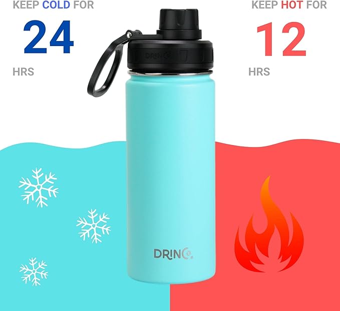DRINCO Stainless Steel Water Bottle Spout Lid Vacuum Insulated Double Wall Water Bottle Wide Mouth (40oz 32oz 22oz 18oz 14oz) Leak Proof Keeps Cold or Hot (18 oz, 18oz Teal)