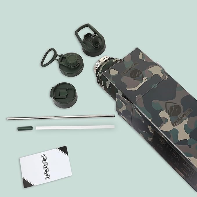 32 Oz Water Bottle with Straw Stainless Steel Sports Water Bottle with 3 Lids (Straw, Chug & Flip Lid) 1 Liter Leak Proof Insulated Metal Jug for Men & Women - Camo