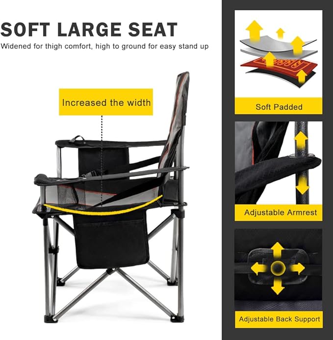 FAIR WIND 2 Pack Oversized Fully Padded Camping Chair with Lumbar Support, Heavy Duty Cooler Bag Fold Chair Support 450 LBS