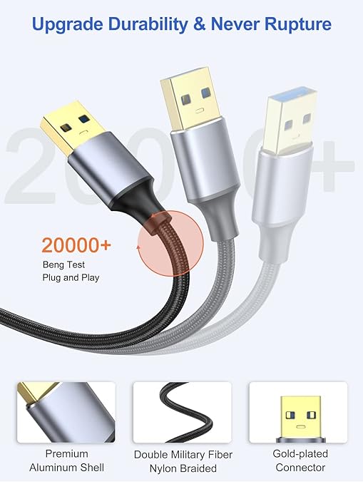 USB to USB Cable 10 FT 2-Pack, USB 3.0 A to A Cable 10 Foot Male to Male Cord Double Sided Compatible with Hard Drive, Laptop Cooler, DVD Player and More