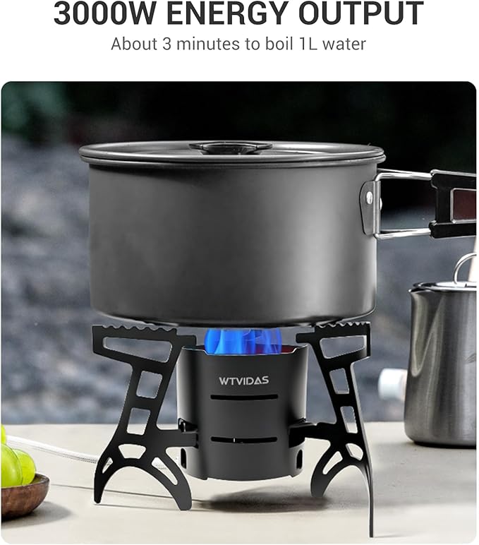 Camping Stove 3000W Portable Backpacking Stove with Piezo Ignition, Fuel Canister Adapter Windproof Gas Stove for Camping Hiking Outdoor Cooking