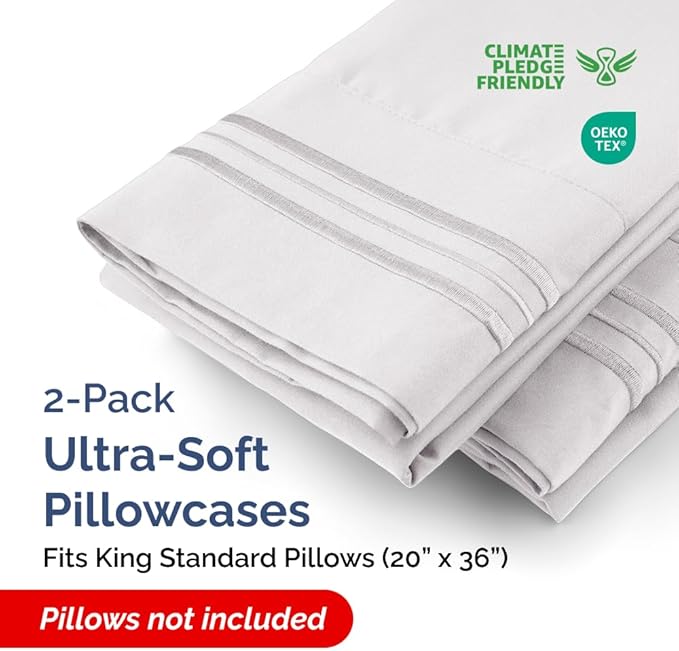 King Standard Pillow Cases Set of 2 - Soft Hotel Quality Pillowcase Covers - Comfy Bedding for Women, Men, Kids & Teens - Machine Washable Pillow Protectors - 2 Piece Set - King Standard French Grey
