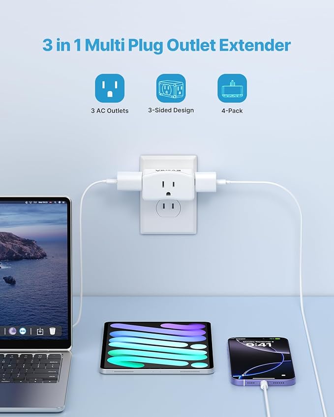 2 Prong to 3 Prong Outlet Adapter, VINTAR 2 Prong Power Strip with 3 AC Outlets (1875W/15A), Polarized Plug, Wall Plug Extender for Non-Grounded Outlet in Old House, Cruise Essentials, 4 Pack