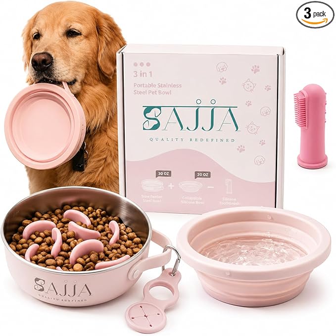Pink Slow Feeder 3-in-1 Travel Dog Bowl Set – 30 OZ Stainless Steel + 20 OZ Collapsible BPA-Free Silicone Bowl Lid | Silicon Slow Feeder Insert | Non-Slip, Anti-Choking|, Carabiner | We give Back