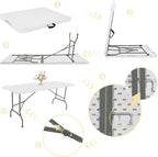 Folding Table 8 FT Camping Table Portable Heavy Duty Plastic Rectangular Outdoor Dining Table Steel Legs Fold-in-Half with Carrying Handle for Indoor,Picnic,Party,Wedding,Events(White)