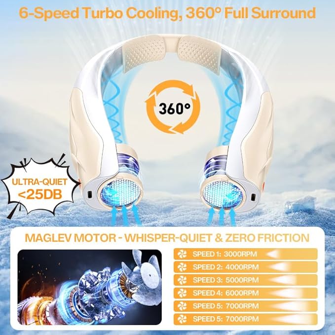 Hands-Free Portable Neck Fans - 6000mAh High Capacity Battery, USB Dual Port Fast Charging, Ultra-Quiet 6 Speeds Cooling Air, 360° Airflow for Outdoor, Indoor, Office, Travel - Beige