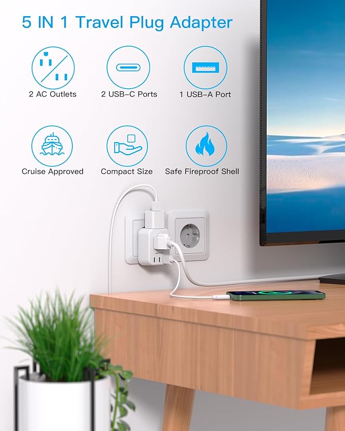 HANYCONY Type E F Plug Adapter, Germany France Travel Plug Adapter with 2 Outlets 3 USB Ports(2 USB C)，Schuko Plug Power Adaptor for US to Europe EU Spain Iceland Korea Greece German French