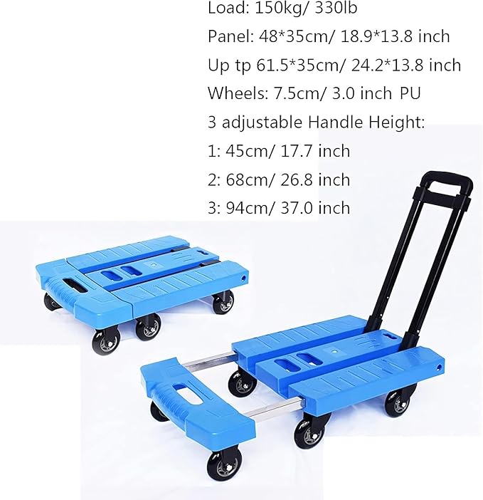 Heavy Duty Folding Hand Truck - 330 Lbs Capacity 6-Wheel Flatbed Trolley with Extendable, Portable Utility Cart for Home, Office, Travel & Shopping Blu 3inch-Mute