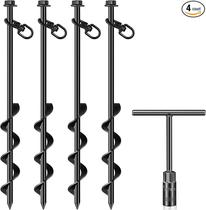 Hiboom Ground Anchor Screw Heavy Duty Earth Anchors Tent Stakes for High Wind with T Handle Hex Wrench Trampoline Hook Ground Stakes for Camping Canopies Car Ports Sheds