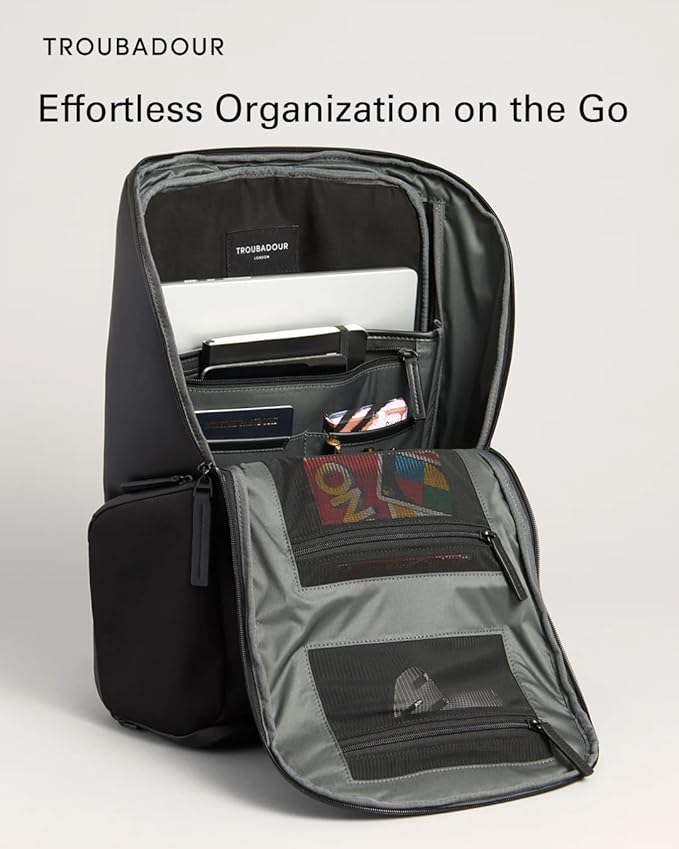 Troubadour Pioneer Backpack 3.0 - Premium Everyday Bag with Padded Laptop Section, Ventilated Shoe Compartment & Sustainable Waterproof Material - All-Day LIghtweight Comfort Design - Black