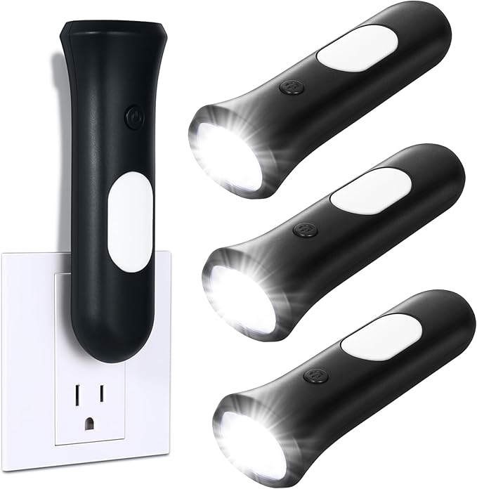 4 in 1 Emergency Lights for Home Power Failure, 3 Pcs Rechargeable LED Flashlight Plug in Wall, Automatic Turn-On Power Outage Night Light Flashlight for Hurricane Preparedness Items, Black