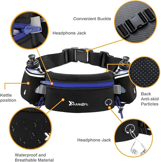 Number-one Running Belt with Water Bottles(2 x 175ML), Hydration Belt Waterproof Waist Pack Bag Fits iPhones Adjustable Sports Waist Pouch for Marathon Running Hiking Cycling