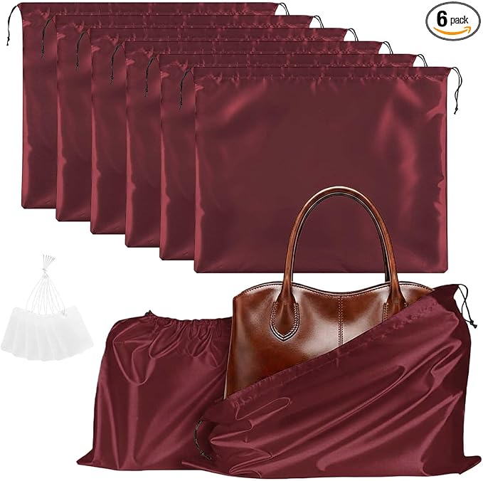Q&J Fabric Co. 6 Pack Satin Dust Bags for Purses and Handbags - Purse Storage Organizer with Drawstring, Dustproof Travel Storage Pouches for Handbags, Shoes, Boots & Clothes (15.7"x19.7", Burgundy)