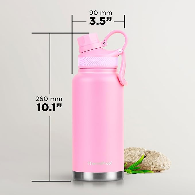 ThermoProof Double-Walled Vacuum Insulated Stainless Steel Water Bottle - Wide Mouth Canteen, Spout & Straw Lids, Dishwasher Safe, Reusable, Leakproof, Hot & Cold for Men, Women & Kids - 32oz, Pink