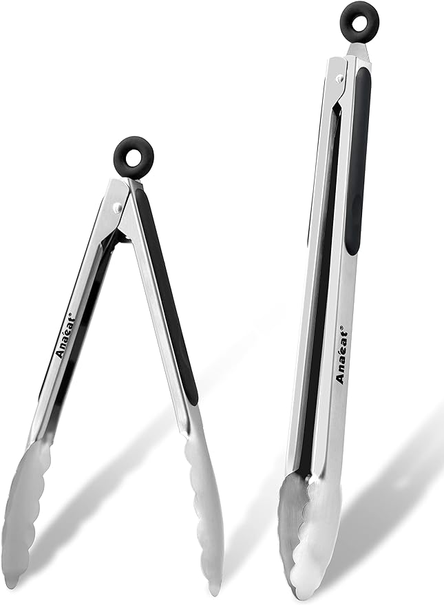 Anaeat Premium Stainless Steel Kitchen Tong Set of 2 - Sturdy Coiled Spring 9" and 12" Locking Food Tong with Non-Slip Silicone Grip for Cooking, Baking, Grilling, BBQ - Heat Resistant up to 480°F