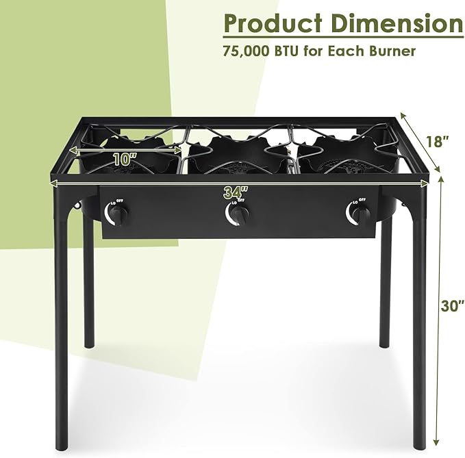 GYMAX Camping Stove, 3 Burner Propane Camp Stove w/Detachable Legs, 225,000-BTU Output, 20 PSI Regulator & CSA Certification, 30’’ Outdoor Gas Stove, High Pressure Propane Burner for BBQ (3 Burner)