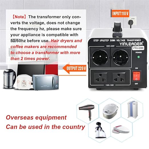 Yinleader 2000W Step Up/Down Transformer,Convert 110/120V to 220/240 Volt OR Convert 220V to 110V Voltage Converter with 2US&2 EU outlets [110V US Power Cord Included Only, No 220V Cord]