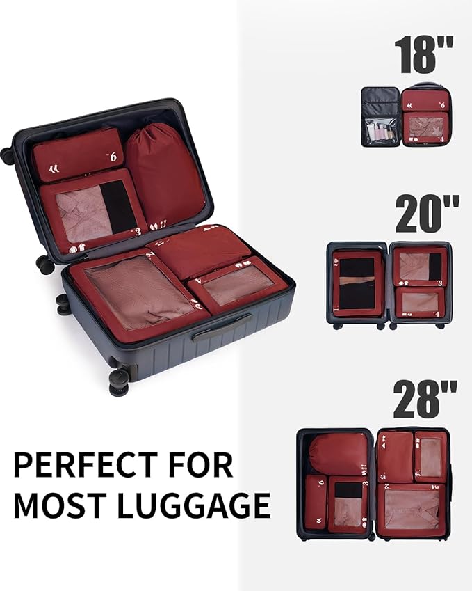 ECOHUB 7 Set Packing Cubes Tear-Resistant Luggage Packing Organizers with Number Icon for Travel Accessories Luggage Suitcase Machine Washable Packing Cubes (Red)