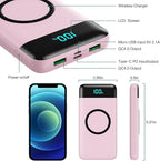 Wireless Portable Charger 30,800mAh 15W Wireless Charging 25W PD QC4.0 Fast Charging Smart LED Display USB-C Power Bank,4 Output& 2 Input External Battery Pack Compatible with iPhone,Samsung etc-Pink