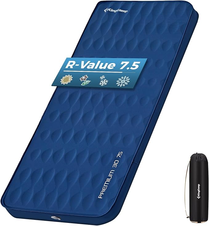 KingCamp Self Inflating Sleeping Pad, R 7.9 Air & Foam Sleeping Pad for Camping, 3" Thick Single Camping Mattress with 3D Sidewalls & Wave Surface Cut for Outdoor Tent Cot Car, PVC Free (Navy)