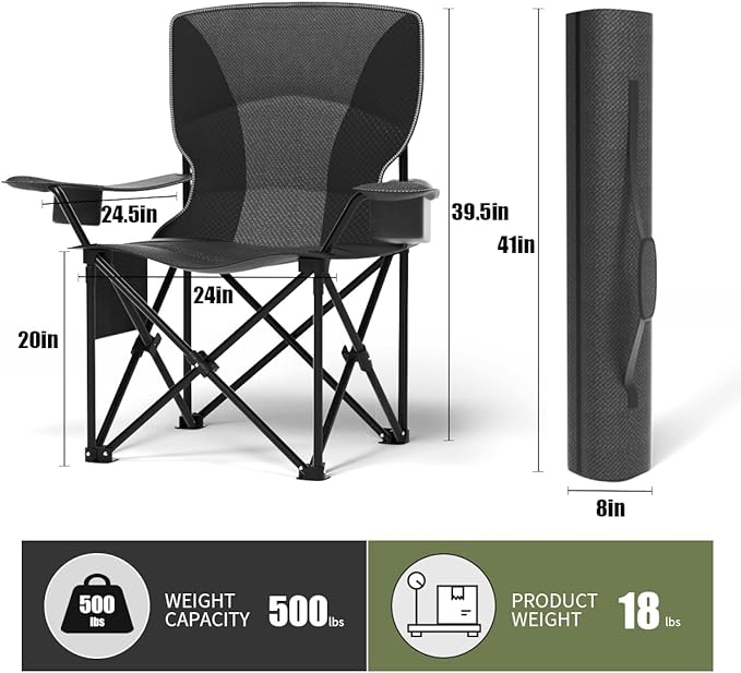Heavy Duty Folding Chair 500LB Capacity, Oversized Camping Chairs with Cup Holder, Cooler Bag & Storage Pouch, Double-Layer Fabric, Outdoor Chairs for Sports, Lawn Chairs (2, Black Grey, Extra Large)