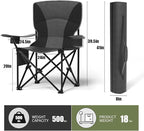 Heavy Duty Folding Chair 500LB Capacity, Oversized Camping Chairs with Cup Holder, Cooler Bag & Storage Pouch, Double-Layer Fabric, Outdoor Chairs for Sports, Lawn Chairs (2, Black Grey, Extra Large)