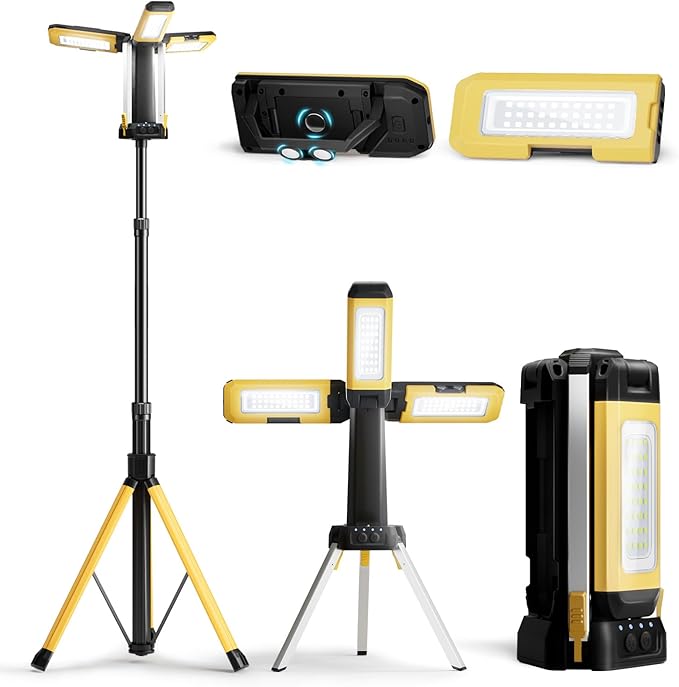 10000mAh Rechargeable Camping Light with Stand 5.6 ft Max Height, Individual Lamp Bracket, with 2 Detachable Lamp Panels, Cordless Led Work Light, Camping Garage Workshop Car Repair
