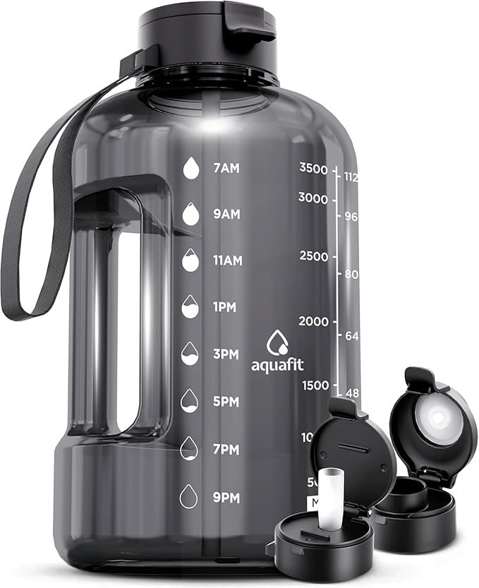 AQUAFIT 1 Gallon Water Bottle with Time Marker - Straw & Chug Lid - BPA Free Gym Water Bottle with Straw - Big Gallon Jug (Gray, 128 oz - 2 Lids)