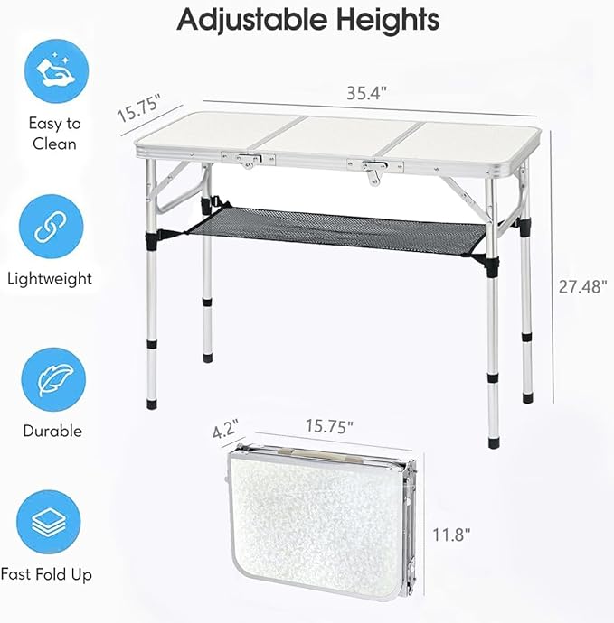 Folding Camping Table, 35''L x16''W Camp Aluminum Table with Adjustable Height Legs, Indoor Outdoor Lightweight Portable Folding Dining Table for Camp Picnic Beach Cooking 3Ft（3 Heights 10"/20"/27"）
