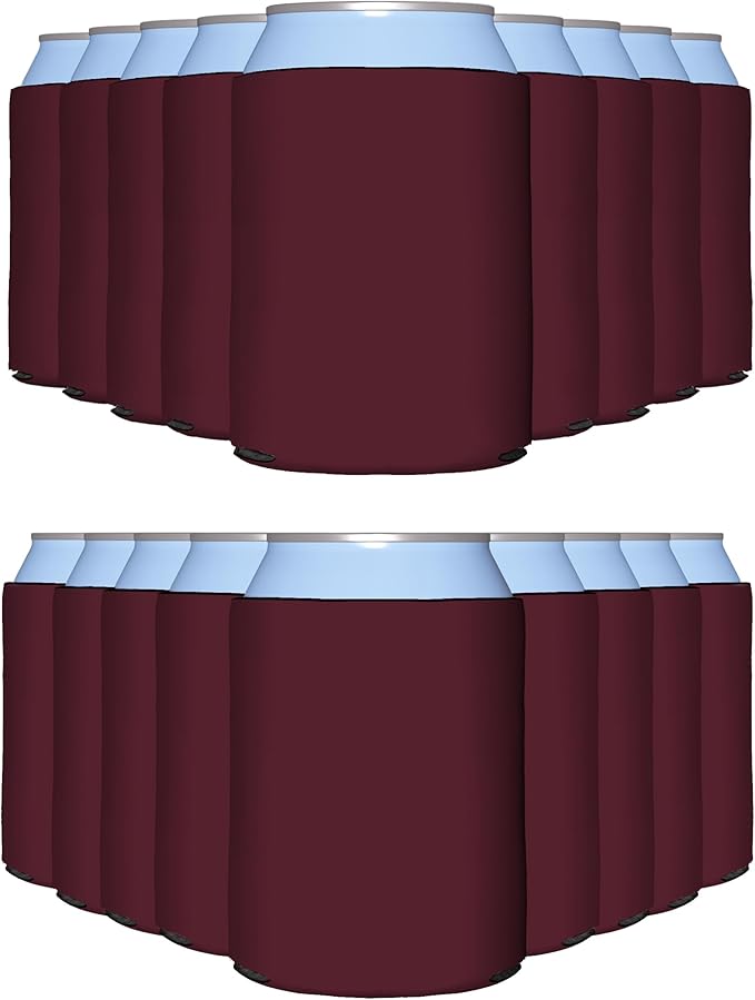 PartyPrints 100 Pack Burgundy Blank Can Cooler Sleeves, Customizable Bulk Insulated Foam for Beer, Collapsible Plain Drink Holder, Cold Soda Insulator, 12oz Regular, 16oz Tall Cans