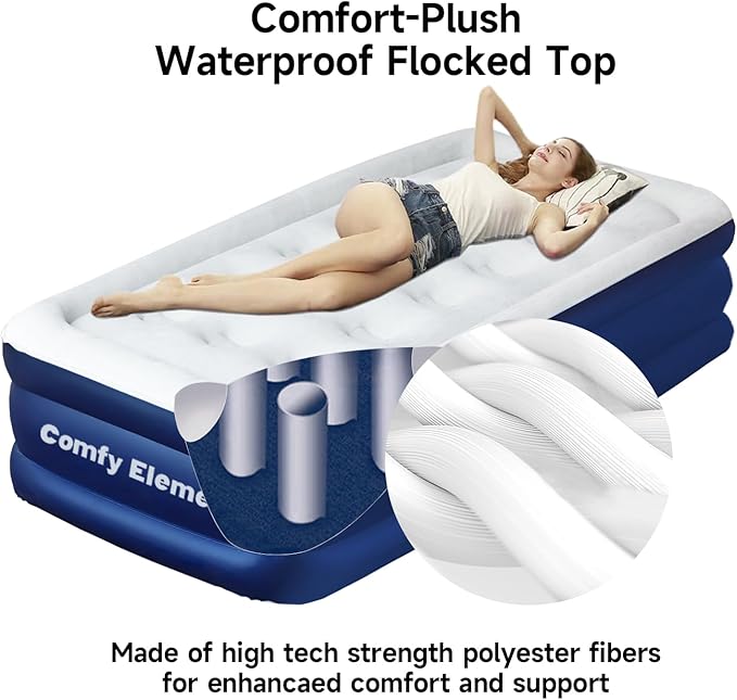 Twin Air Mattress with Built-in Pump Inflatable Mattress for Guests and Home, 17' Camping & Guests Fast & Easy Inflation/Deflation Inflatable Mattress oldable Blow Up Mattress with Storage Bag