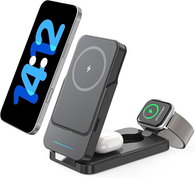 ANJANK 3 in 1 Portable Wireless Charging Station, Removable 5000mAh Mag-Safe Power Bank, Foldable Travel Magnetic Charger Stand for iPhone 17 16 15 14 13 12 Pro Max Plus, Apple Watch Series, AirPods