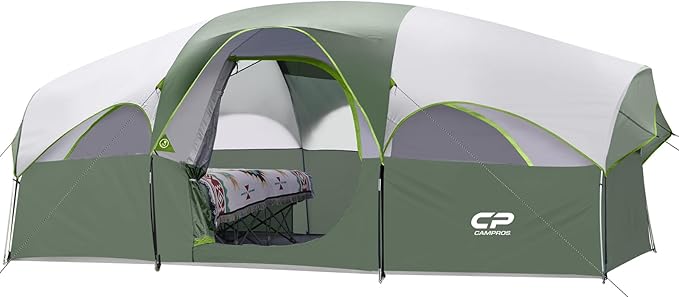 CAMPROS CP Tent 8 Person Camping Tents, Weather Resistant Family Tent, 5 Large Mesh Windows, Double Layer, Divided Curtain for Separated Room, Portable with Carry Bag