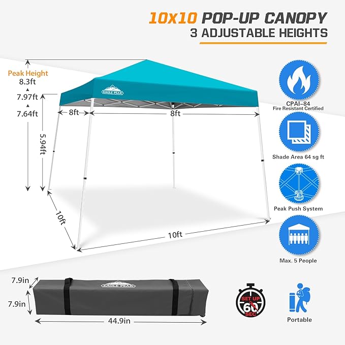 EAGLE PEAK 10x10 Slant Leg Pop-up Canopy Tent Easy One Person Setup Instant Outdoor Beach Canopy Folding Portable Sports Shelter 10x10 Base 8x8 Top (Turquoise)