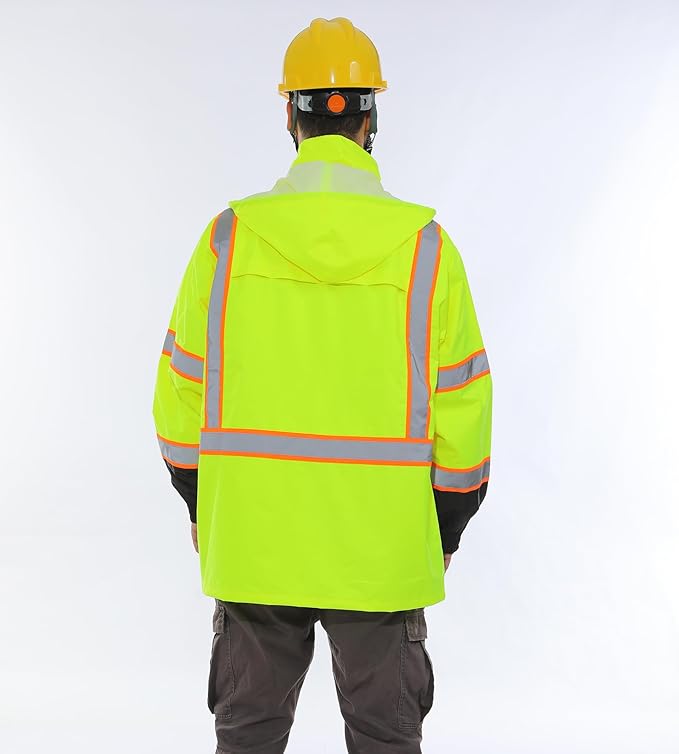 Hi Vis Safety Rain Jacket for Men Women Waterproof Breathable Rain Gears with Mesh Lining Black Bottom Lightweight Work Jacket (4XL/5XL)