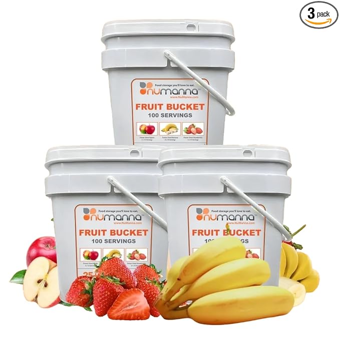 Numanna Freeze-Dried 3 Fruit Bucket – 300 Servings | Apples, Bananas, Strawberries | Healthy Snack for Everyday, Emergency & Survival Use | Durable Packaging | 25+ Year Shelf Life | Made in USA