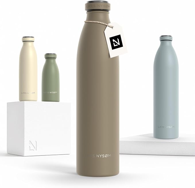 LARS NYSØM Stainless Steel Insulated Water Bottle 12 oz 17 oz 25 oz 34 oz 51 oz | Insulated Thermo Flask for Hot and Cold Beverages | Leakproof Drinking Bottle (Taupe Brown, 33.8 oz)