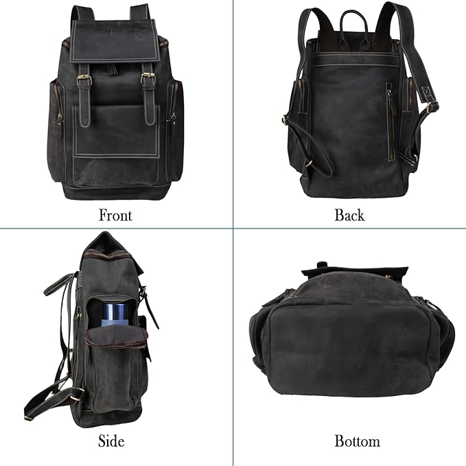 Genuine Crazy Horse Leather Backpack - Vintage Bag with Anti-Theft Design, Fits 16 Inch Laptop(5098-Gray)