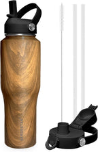 SENDESTAR 40oz Stainless Steel Water Bottle(Cold for 48 Hrs, Hot for 24 Hrs),Double Wall Vacuum Insulated Bottle with Straw Lid, Spout Lid and Flex Cap, Fit in Any Car Cup Holder TXIN-40-Wood