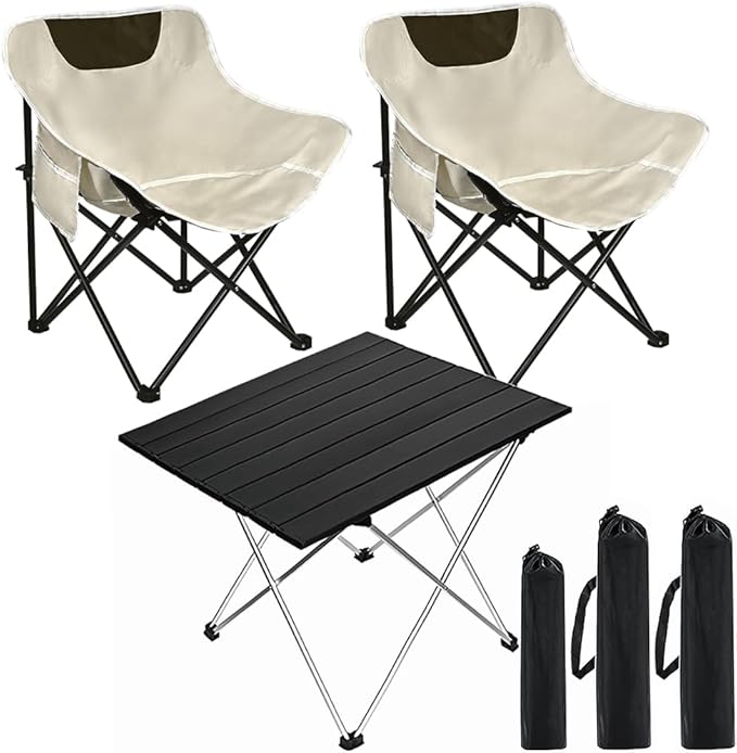 Folding Camping Chair Set of 3,Lightweight Camp Chairs with Table,Large Lawn Chair Portable for Adults Hiking,Fishing,Beach,Picnic,Patio,Travel,Carry Bag(L)