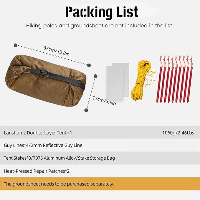 Lanshan 2 Person Tent Hiking Ultralight Camping Tent Professional 15D Silnylon Rodless Trekking Pole Tent Waterproof Backpacking Outdoor for Camping, Bivvy