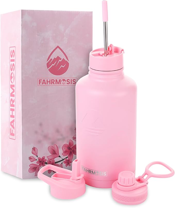 64 Oz Water Bottle with Straw Stainless Steel Sports Water Bottle with 3 Lids (Straw, Chug and Flip Lid) Leak Proof Metal Half Gallon Jug for Men & Women - Pink
