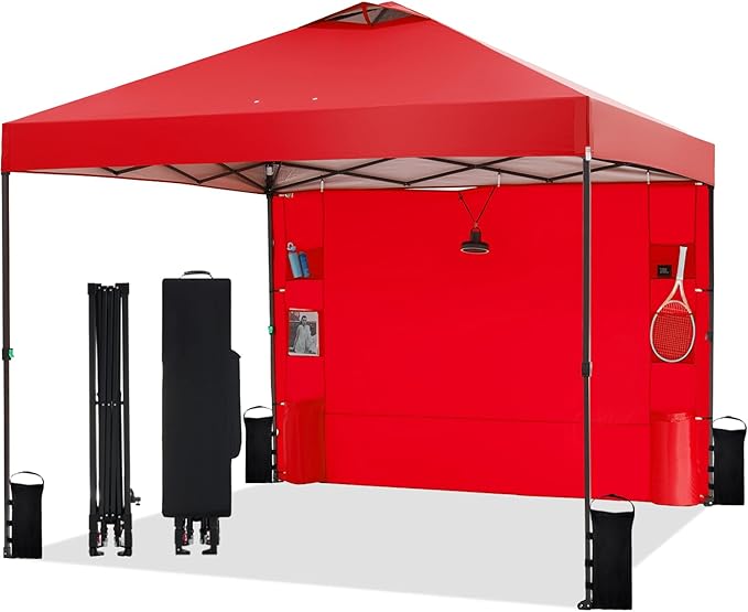 10'x10' Pop Up Canopy Tent with 1 Sidewall and 6 Pockets, One Push Setup, Instant Shade Tent with Vented Roof for Beach Patio Outdoor, Case, 8 Stakes, 4 Ropes, 4 Sandbags (Red, 10x10)