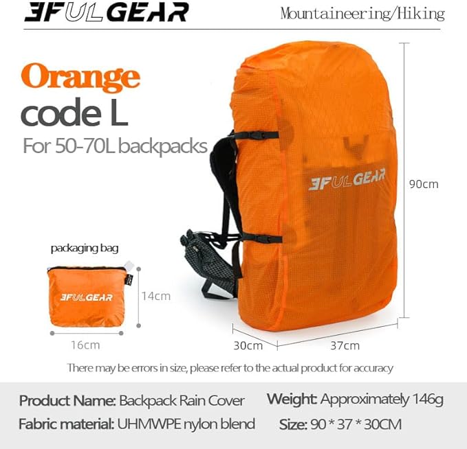 3F 20-85L backpack rain cover, waterproof, dustproof, wear-resistant, tear resistant outdoor hiking backpack cover (orange-L)