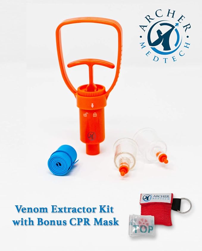 Archer MedTech Ven‑Ex Snake Bite & Bee Sting Kit – Portable Venom Extractor Pump with 2 Suction Cups, Tourniquet & Bonus Key‑chain CPR Face Shield – Compact First Aid for Hiking, Camping & Backpacking