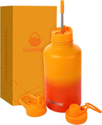 64 Oz Water Bottle with Straw Stainless Steel Sports Water Bottle with 3 Lids (Straw, Chug and Flip Lid) Leak Proof Metal Half Gallon Jug for Men & Women - Orange Fusion