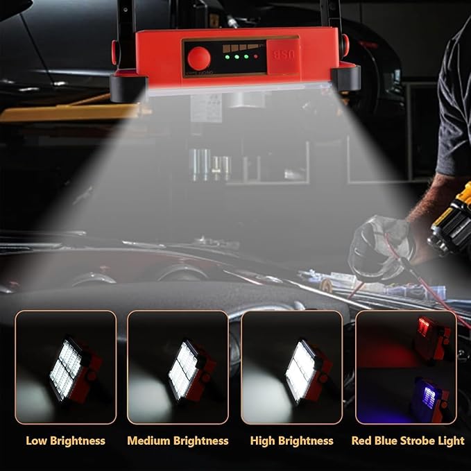 120W LED Solar Work Light, 144 LED 10000LM Portable Flood Light with Stand, Red 4 Modes Rechargeable, IP65 Waterproof Outdoor Working Light for Camping, Fishing, Car Repair & Mechanics (1)