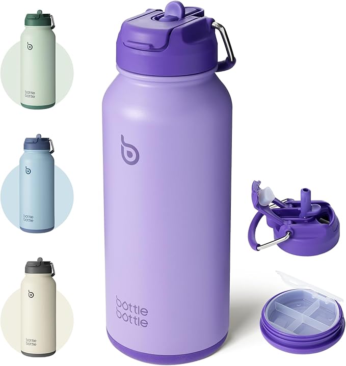 BOTTLE BOTTLE 32oz Insulated Water Bottle Stainless Steel Sport Water Bottle with Straw Dual-use Lid Design for Gym with Pill Box