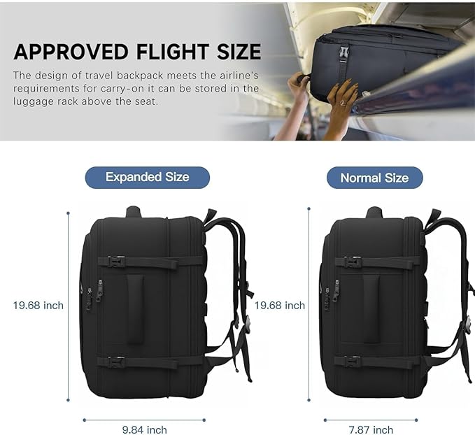 Gieury Carry On Backpack, 50L Travel Backpack, Luggage Backpack TSA Flight Approved Laptop Backpack for Men & Women, Large Expandable 40L Daypack Lightweight Business Weekender Bag, Black