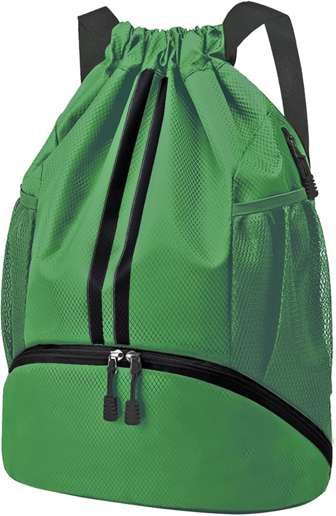 Hoedia Sports Drawstring Backpack - String Swim Gym Bag with Shoes Compartment and Wet Proof Pocket for Women and Men, Dark Green